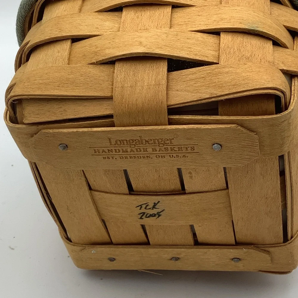 2005 Longaberger Square Handled Basket with Green Fabric and Plastic Liners